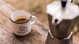 Kaffee trinken nach der Nacht in den Baeumen